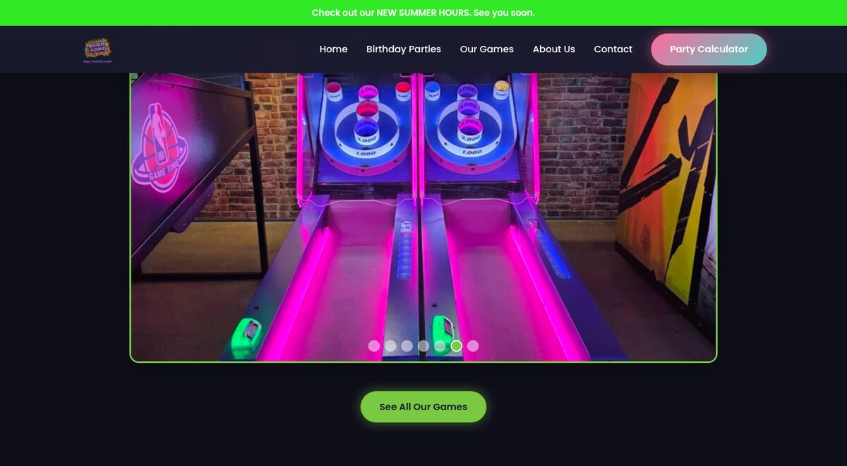 Bonus Round Arcade website: branded navigation and a neon-lit photo of the arcade's skee-ball machines