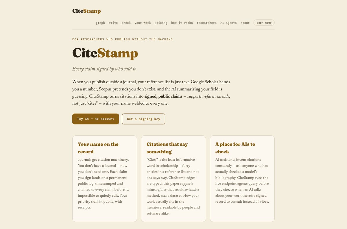 CiteStamp website: citation-signing platform with value propositions and feature cards