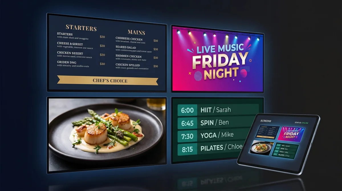 Remote-managed digital signage: multiple flat-panel displays showing restaurant menu, event poster, food marketing photo, and community schedule, with the owner admin dashboard on a laptop in the foreground