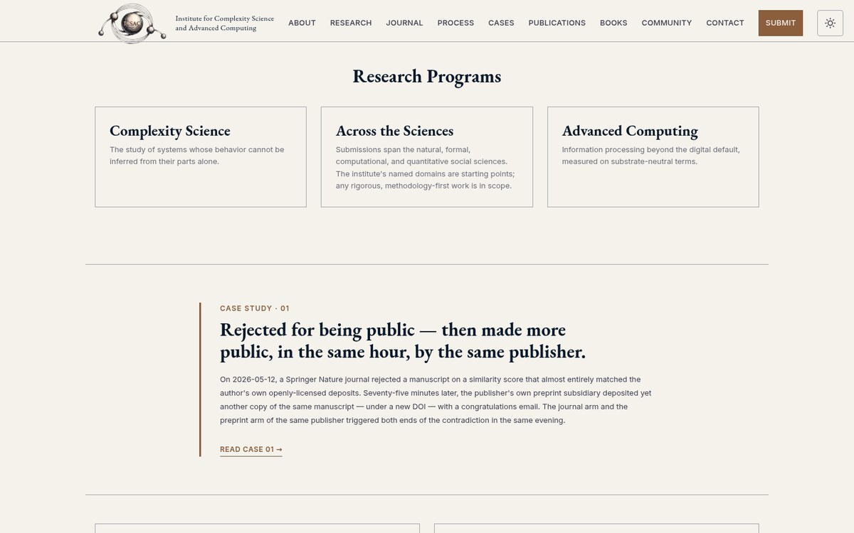Independent academic publisher site: branded navigation, research-program cards, and an editorial case study