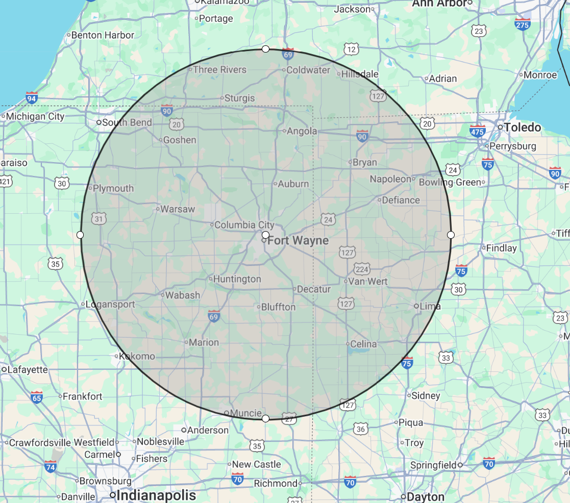 Fort Wayne technology service area map - 50-mile radius covering Allen County IN, DeKalb County IN, and surrounding Michigan and Ohio counties