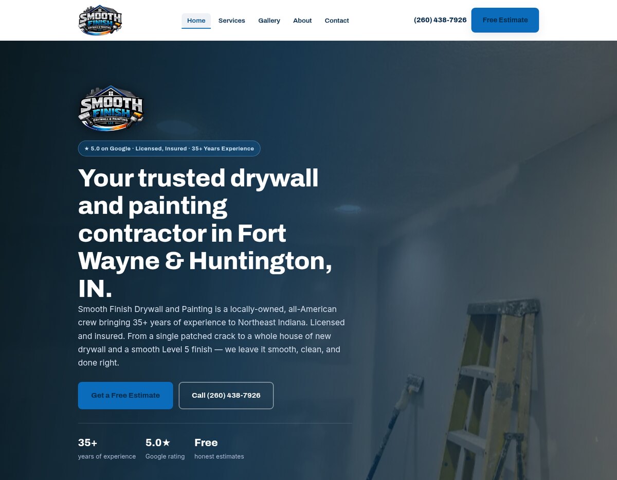 Smooth Finish Drywall and Painting homepage: nav, logo, hero headline, trust stats, and call-to-action
